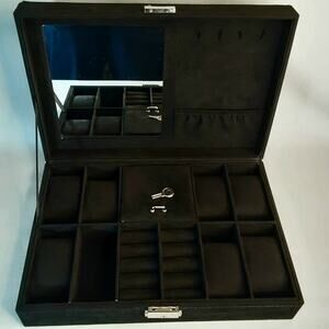 Black Velvety Fabric Lined Jewelry Box Multi Compartments Mirror Locking  Key
